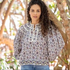 Bindu Floral Boho Blouse XS Cream Blue Long Sleeve Top